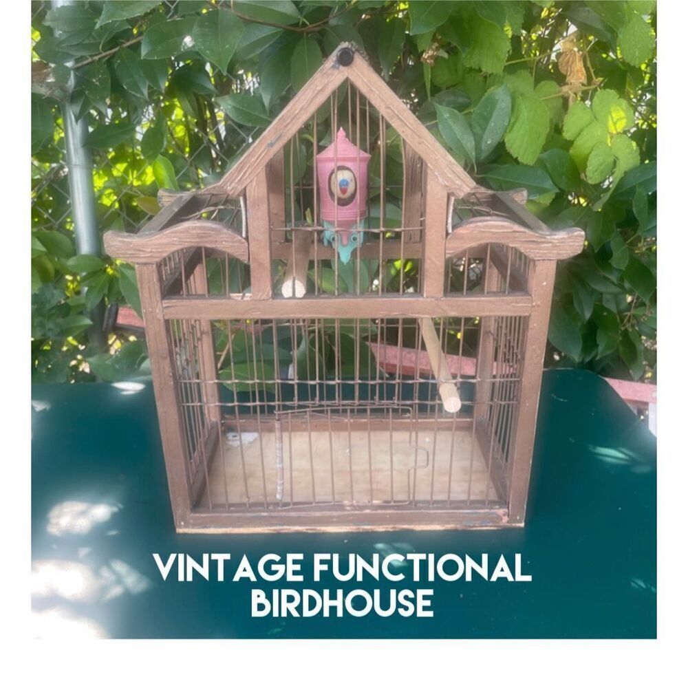 Vintage Bird Cage With Two Wood Perches